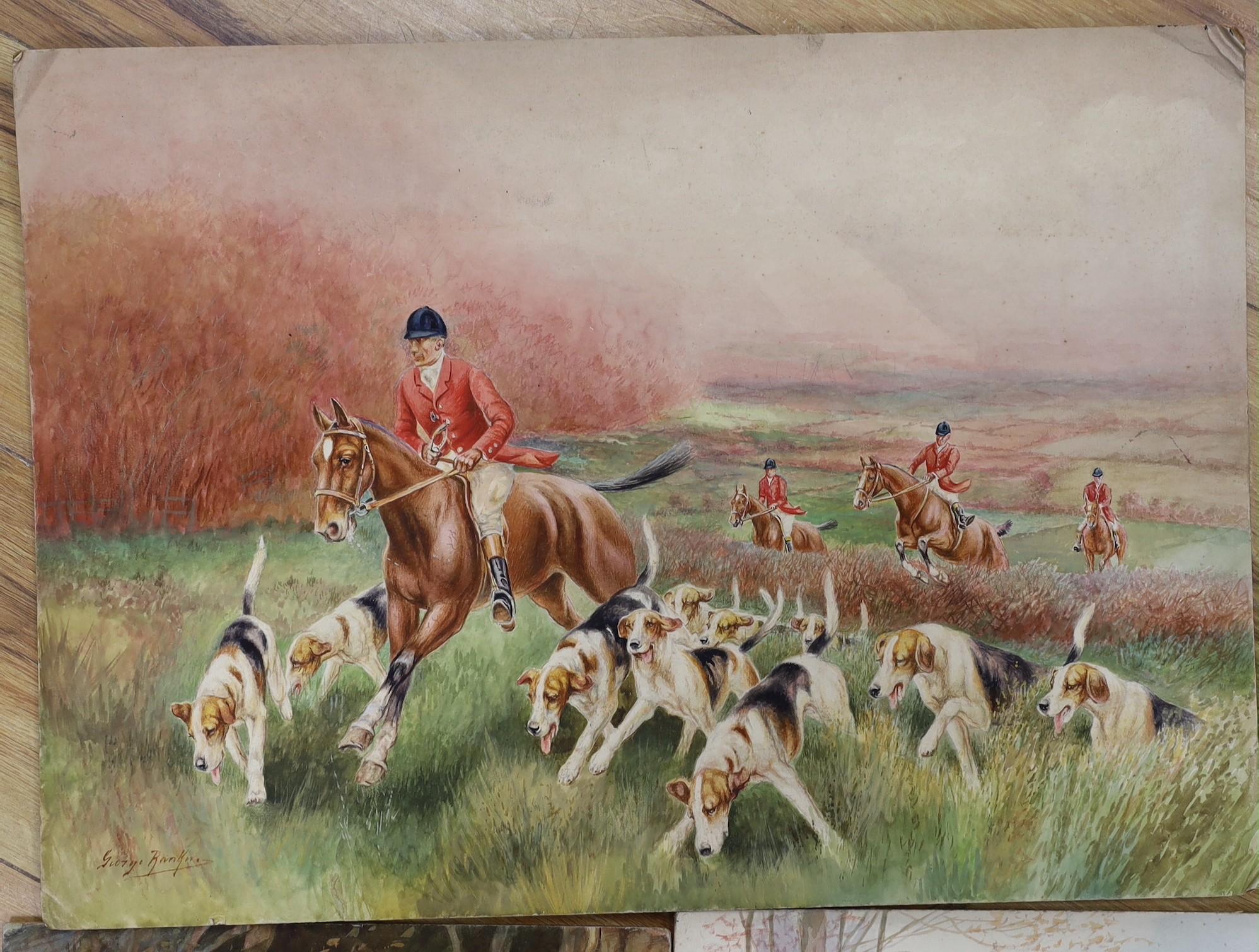 George Rankin (1864-1937), three watercolours, Hunting scenes, signed, largest 38 x 54cm, unframed